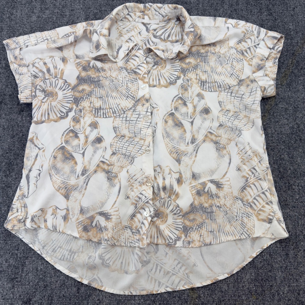 Jane + Delancey Shell Print Button Front Blouse White Tan Size L
